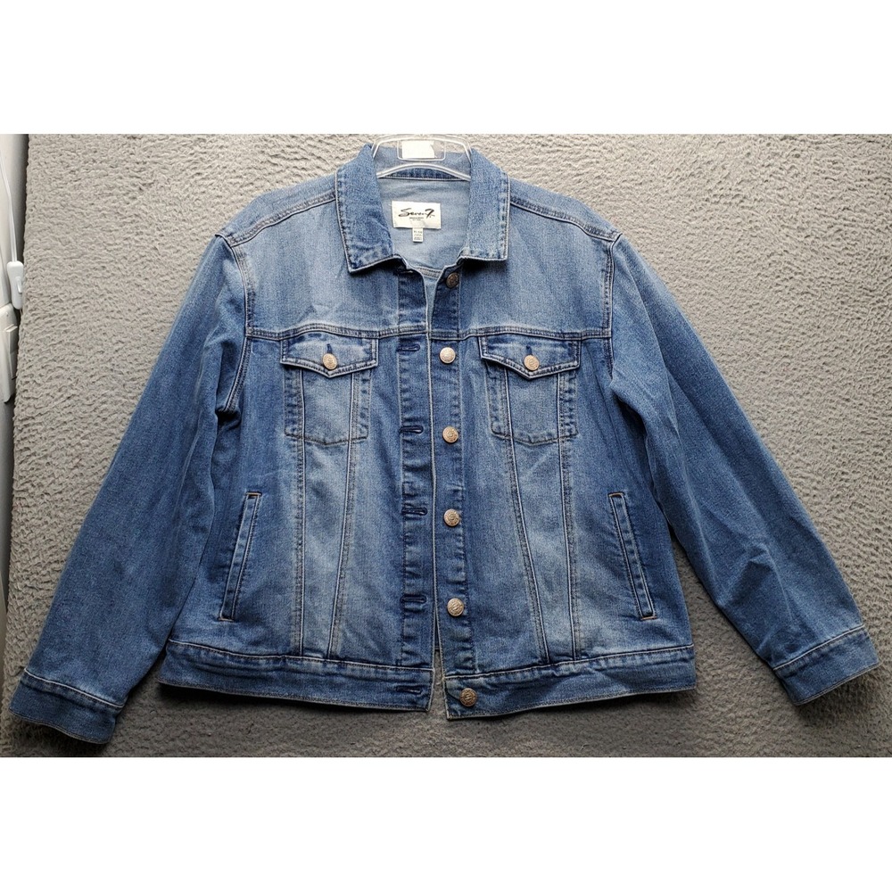 Seven7 Trucker Jacket Women XL Blue Denim Medium Wash Detail Pocket Button Front